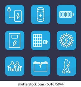 generation icon. Set of 9 outline generation icons such as baterry, battery, broken battery, solar panel, sun battery, caveman