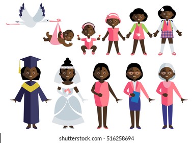 Generation icon set from baby to adult in flat style girls and women Aframerican vector illustration