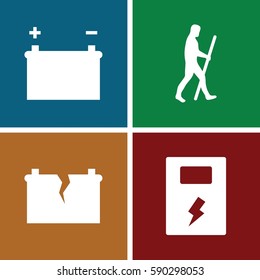 generation icons set. Set of 4 generation filled icons such as battery, broken battery
