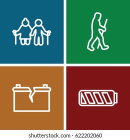 Generation icons set. set of 4 generation outline icons such as battery, broken battery, caveman