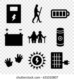 Generation icons set. set of 9 generation filled icons such as baby hands, baterry, battery, solar panel, sun battery, caveman