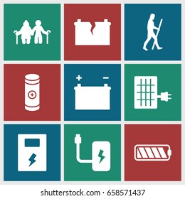 Generation icons set. set of 9 generation filled icons such as battery, broken battery, solar panel, caveman