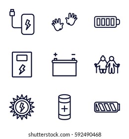 generation icons set. Set of 9 generation outline icons such as baby hands, baterry, battery, sun battery