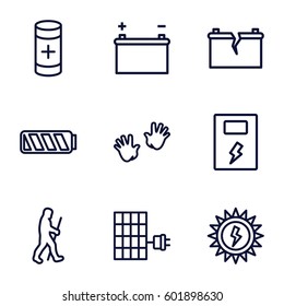 generation icons set. Set of 9 generation outline icons such as baby hands, battery, broken battery, solar panel, sun battery