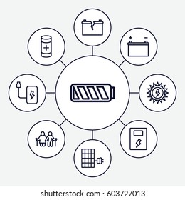 Generation icons set. set of 9 generation outline icons such as battery, broken battery, solar panel, sun battery