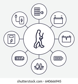 Generation icons set. set of 9 generation outline icons such as baterry, battery, broken battery, solar panel, caveman