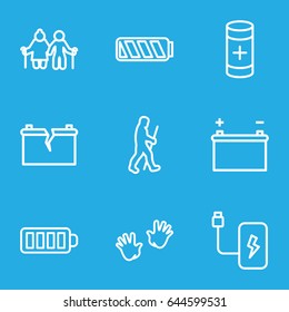 Generation icons set. set of 9 generation outline icons such as baby hands, baterry, battery, broken battery, caveman