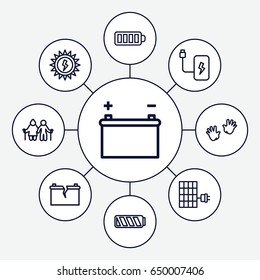 Generation icons set. set of 9 generation outline icons such as baby hands, baterry, battery, broken battery, solar panel, sun battery