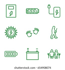 Generation icons set. set of 9 generation outline icons such as baby hands, baterry, battery, sun battery, caveman
