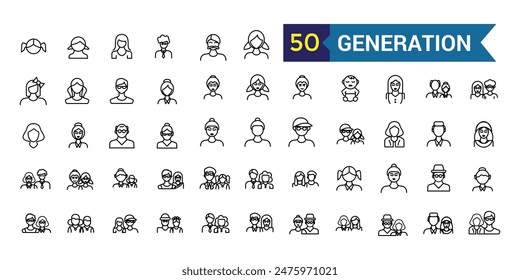 Generation icons set. Outline set of generation vector icons for ui design. Outline icon collection. Editable stroke.