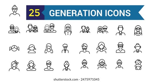 Generation icons set. Outline set of generation vector icons for ui design. Outline icon collection. Editable stroke.