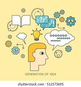 Generation of idea background in flat. Idea generation, problem solving, strategy solution, analysis innovation, research, brainstorm, good solution, optimization, insight, inspiration illustration