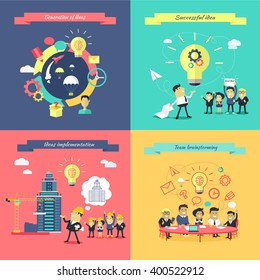 Generation of ideas banners set. Brainstorming team implementation idea banner, teamwork get successful achievement of startup, business inspiration with creativity innovation. Vector illustration