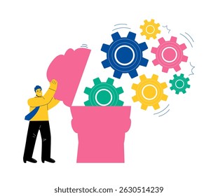 Generation of ideas. Business man with gears working in head. Flat vector illustration isolated on white 
