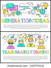 Generation of ideas by team brainstorming banner, vector illustration of different people that thinking about new projects and innovation, text sample
