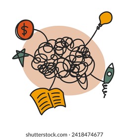 Generación de ideas. Inspiración, concepto de conocimiento. Bombilla, estrella, libro, monedas. Multitarea humana. Acumulación de conocimientos. Arte de la línea de vectores. Nuevo pensamiento. Pensamiento creativo.