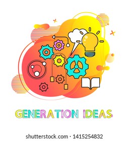 Generation ideas vector, gears and cogwheels instrument tool denoting process, lightbulb electric bulb and book printed edition for education flat style