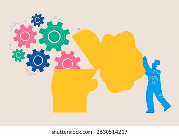 Generation of ideas. Woman with gears working in head. Colorful vector illustration 
