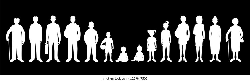 Generation of men and woman from infants to seniors. Baby, child, teenager, student, business men, business woman, adult, senior man and woman. 
Realistic images isolated on black background. Vector