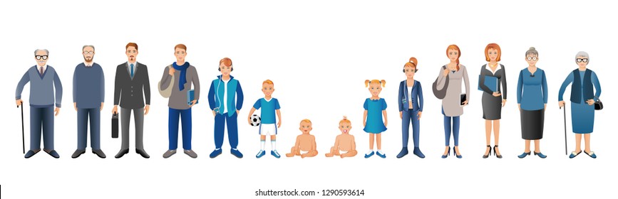 Generation of men and woman from infants to seniors. Baby, child, teenager, student, business men, business woman, adult, senior man and woman. 
Realistic images isolated on white background. Vector
