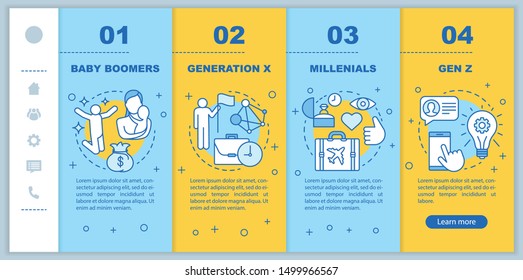 Generation onboarding mobile web pages vector template. Baby boomers. Responsive smartphone website interface idea with linear illustrations. Webpage walkthrough step screens. Color concept