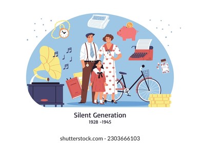 Generation silent composition with doodle characters of family members with vintage typewriter bicycle gramophone newspaper icons vector illustration