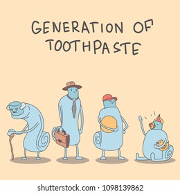 generation of toothpaste. Vector illustration for children dentistry and orthodontics. Cute teeth characters.