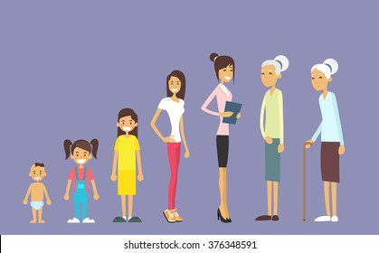 Generation Of Women From Infant To Senior, Age Concept Vector Illustration