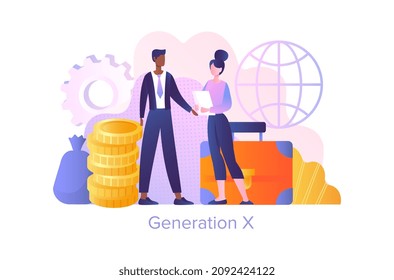 Generation X concept. Man and woman make deal. Entrepreneur and businesswoman. Social groups, population. Buyer analysis for advertising, marketing research. Cartoon flat vector illustration