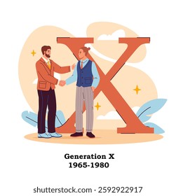 Generation x poster. Two men shaking hands near large x letter. Demography and sociology. Human population analysis. Infographics and educational materials. Flat vector illustration