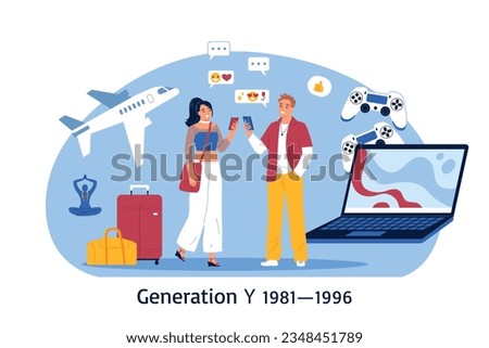 Generation y composition with text and doodle characters of man and woman with chat laptop gamepads vector illustration