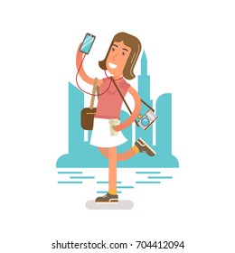 Generation Y
Flat vector illustration showing girl with a phone in a hand, listening music in earphones, photo camera on a shoulder and holding a cup of coffee. City scene in a background.
