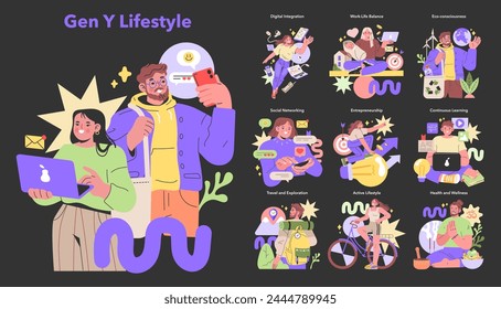 Generation Y lifestyle set. Digital savvy, eco-friendly choices, and work autonomy in vibrant scenarios. Exploring wellness, entrepreneurship, and lifelong learning. Vector illustration.