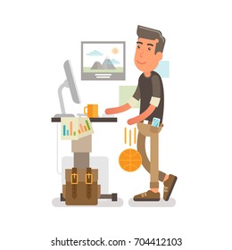 Generation Y, Millennials
Flat Vector Illustration Showing A Guy At A Standing Desk With A Cup Of Coffee On It While Working And Dribbling A Ball Along That. 