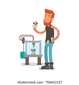 Generation Y, Millennials
Flat vector illustration showing a guy with beard and tattoos on hands working with a 3D printer and making plastic skulls with floral pattern. 