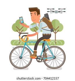 Generation Y, Millennials
Flat vector illustration showing a guy riding a bike with backpack and a case on a shoulder, holding phone and being fallowed by a drone. 
