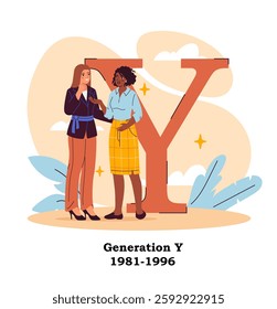 Generation y poster. Two women standing near large Y letter. Demography and sociology. Human population analysis. Infographics and educational materials. Flat vector illustration