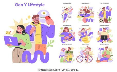 Generation Y set captures the multifaceted lifestyle of young adults. Digital fluency, work-life harmony, and sustainability blend in vivid daily scenes. Vector illustration