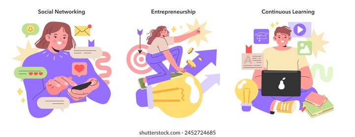 Generation Y set illustrates connectivity in social networking, the drive of entrepreneurship, and the dedication to continuous learning. Vector illustration