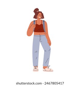 Generation Y youth in casual clothes. The vector illustration shows a young woman wearing jeans and a crop top, reflecting fashion from 1981-96. Isolated flat icon.