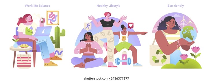 Generation Z Balance set. Young adults embodying work-from-home ease, fitness routines, and environmental stewardship. Vector illustration.