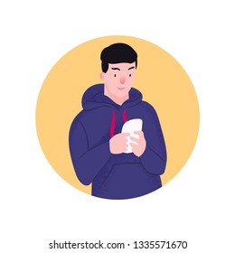 Generation z. Boy in blue sweatshirt with smartphone in hands in round frame on yellow background. People character vector illustration in flat style.