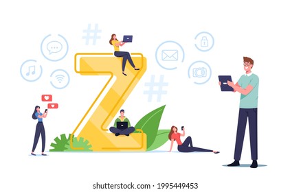 Generation Z Concept. Characters Virtual Messaging. New and Modern Demography Trend with Progressive Youth Gen. Technology Influence on Teenagers, Online Friends. Cartoon People Vector Illustration