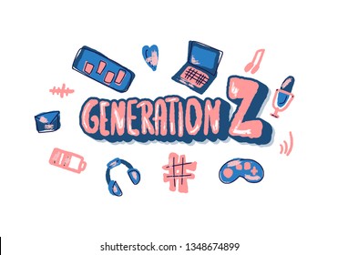 Generation z concept. Text with digital symbols. Vector color illustration.