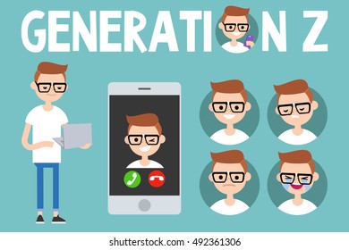 Generation Z Conceptual Set: Sign, Full Length Millennial Character Holding Laptop, Smart Phone And 4 Icons With Different Emotions