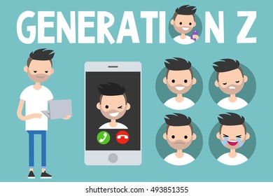 Generation Z Conceptual Set: Sign, Full Length Young Man Holding Laptop, Smart Phone And 4 Icons With Different Emotions