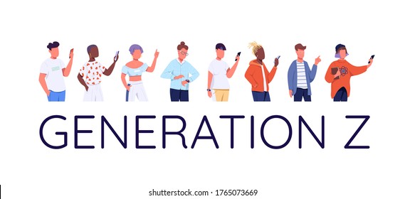 Generation Z flat color vector faceless characters set. Modern technological lifestyle, online communication. Young people with smartphones isolated cartoon illustrations on white background