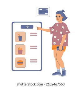 Generation Z Girl Chooses Food On Screen And Hold Smartphone. Young Woman Points Contactless Payment Button. Payment By Card Or Electronic Money Concept. Children And Technologies Vector Illustration.