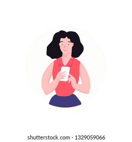 Generation z. Girl with dark hair and pink shirt keeps the smartphone. Character illustration isolated on round frame. People vector illustration in flat style.