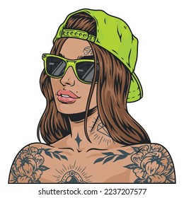 Generation z girl sketch colorful portrait cheeky woman with tattoo on shoulders in cap turned back and sunglasses vector illustration